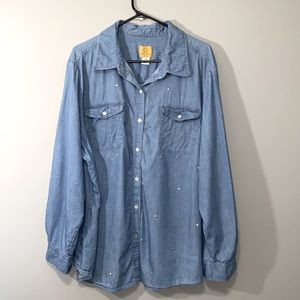Ruby Rd. Top Denim Chambray Button Down Shirt Long Roll Tab Sleeves Size 24W